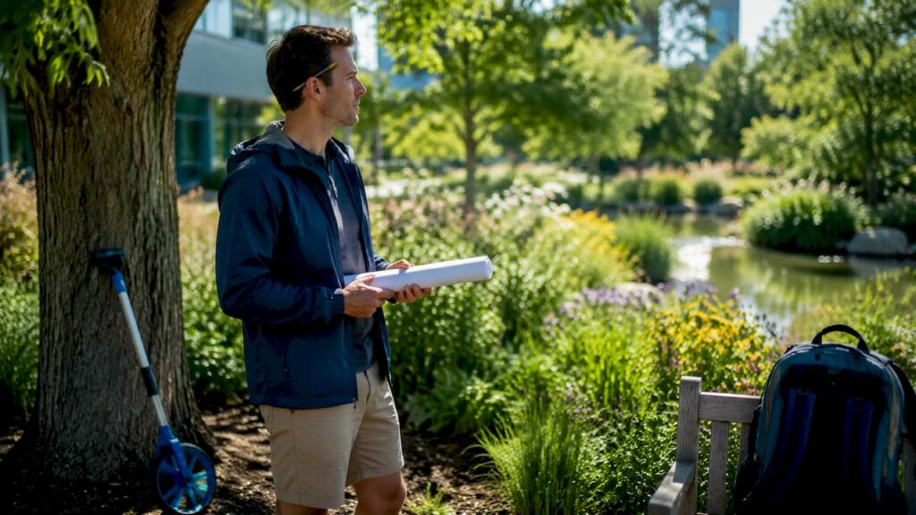 Landscape architect planning commercial property outdoors