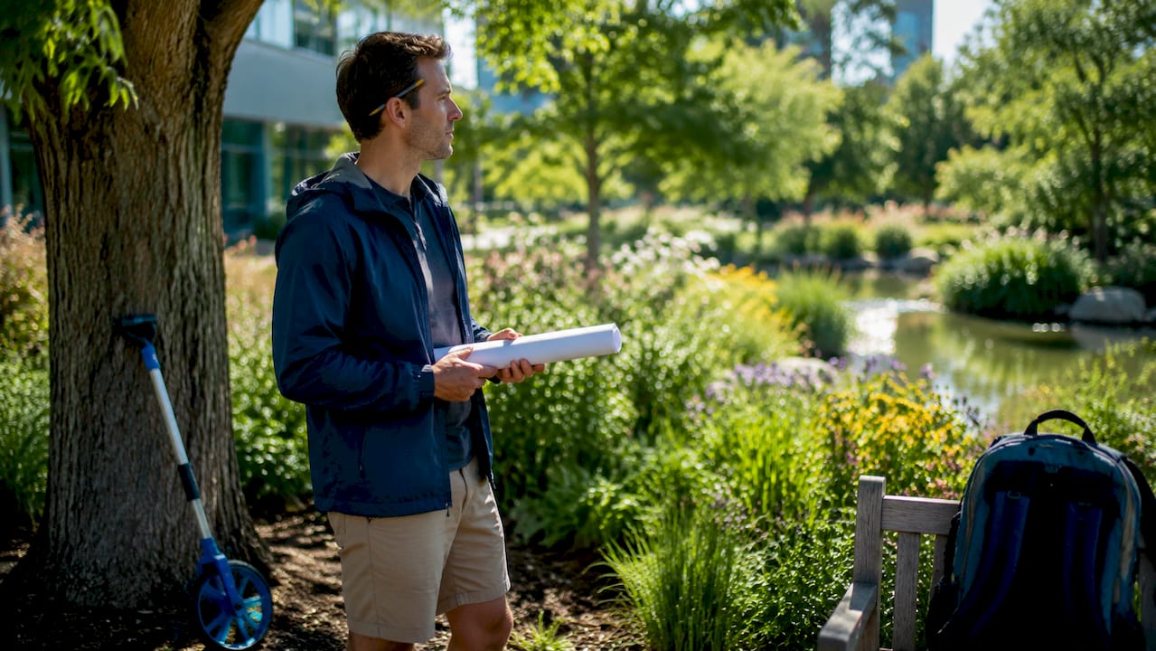 Landscape architect planning commercial property outdoors