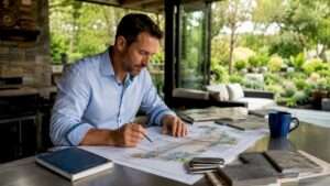 Landscape architect reviewing outdoor living plans