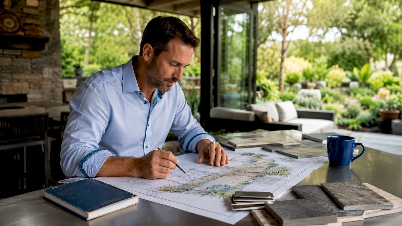 Landscape architect reviewing outdoor living plans