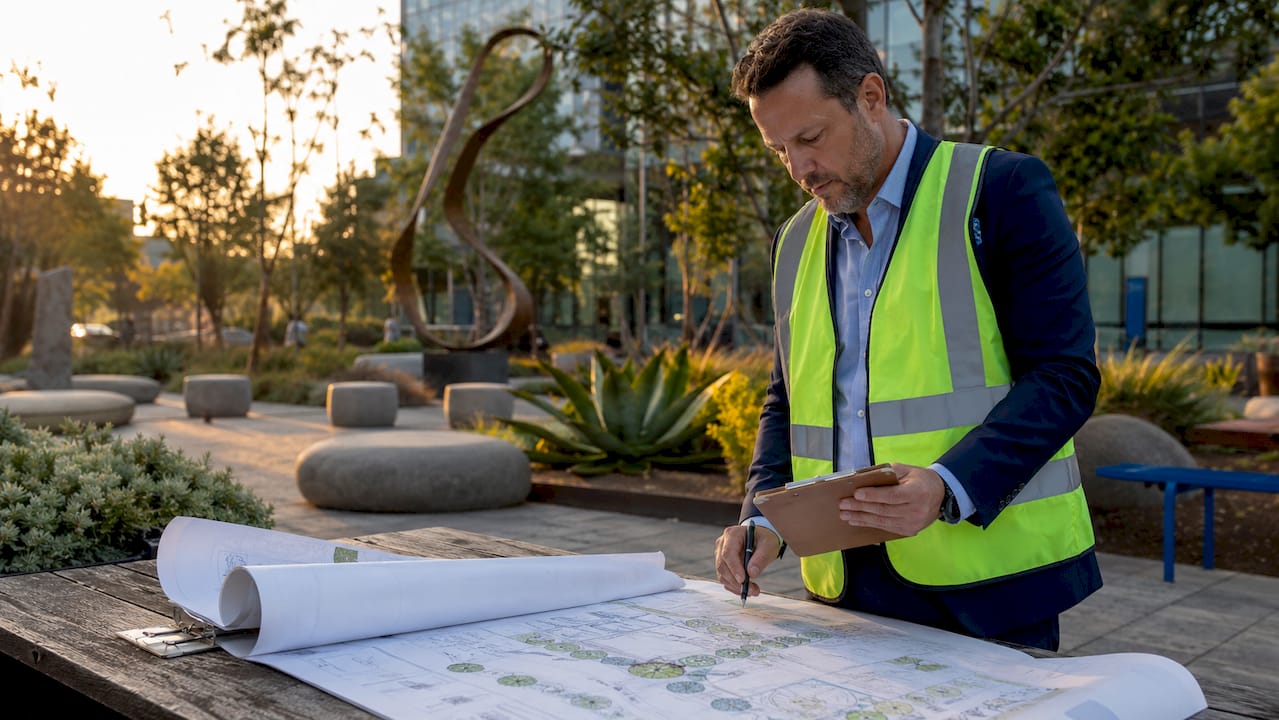 Landscape architect reviewing outdoor workspace plans