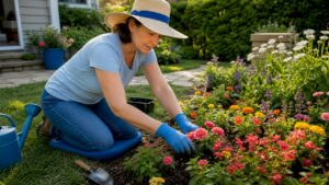 Woman planting flowers in front yard garden bed