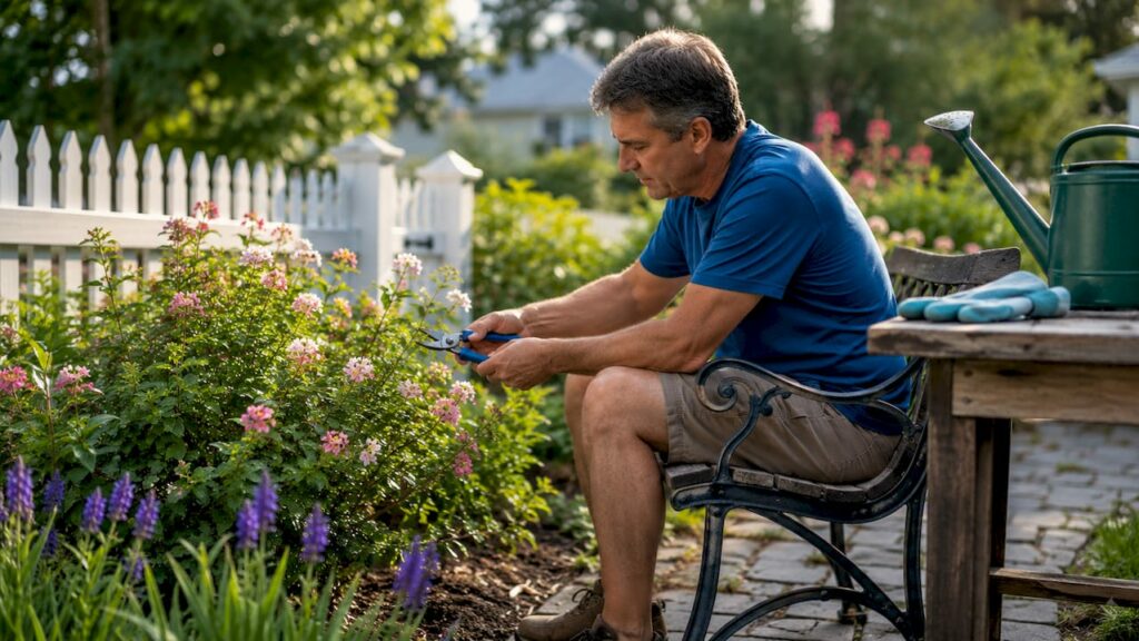 Homeowner pruning shrubs in backyard garden