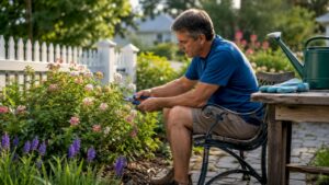 Homeowner pruning shrubs in backyard garden