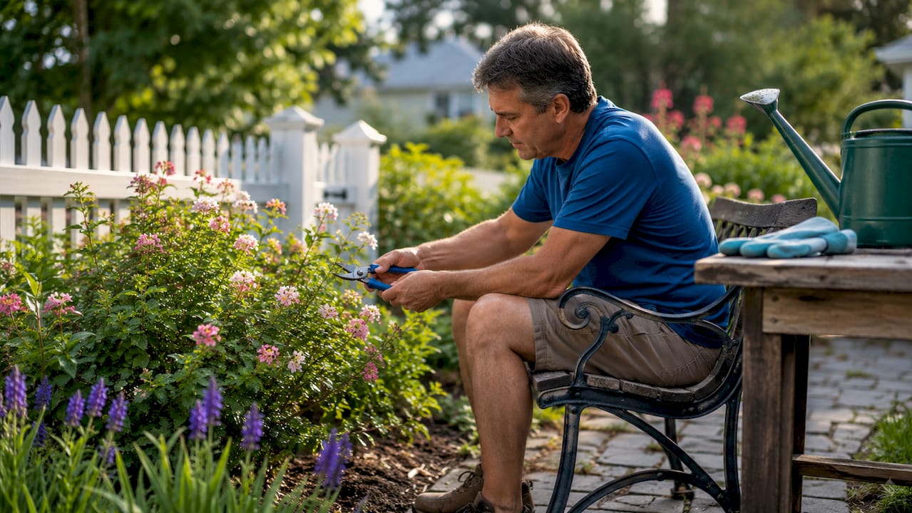 Homeowner pruning shrubs in backyard garden