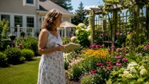 Homeowner assessing New Hampshire front yard landscaping