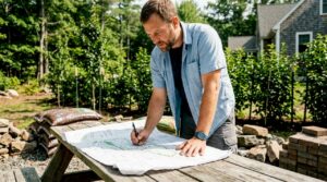Landscape contractor reviewing site plan outdoors