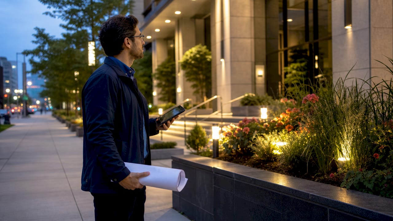 Landscape architect reviewing business entrance plan