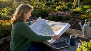 Landscape architect reviewing design blueprints indoors