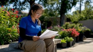 Woman landscaper reviewing scope document outdoors
