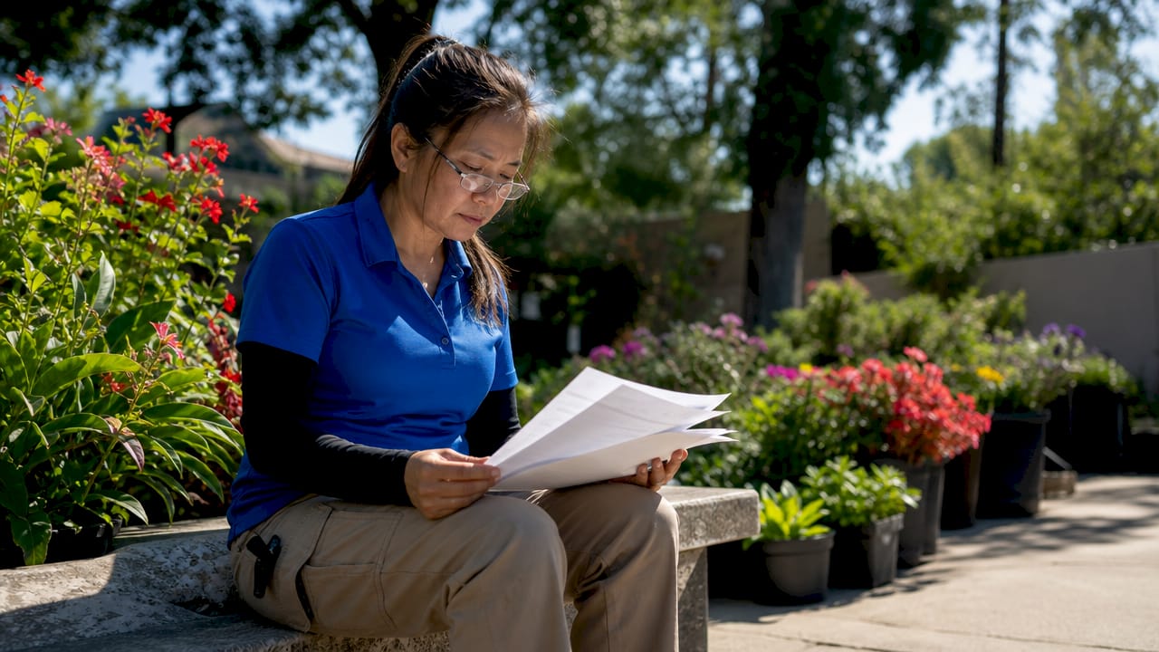 Woman landscaper reviewing scope document outdoors
