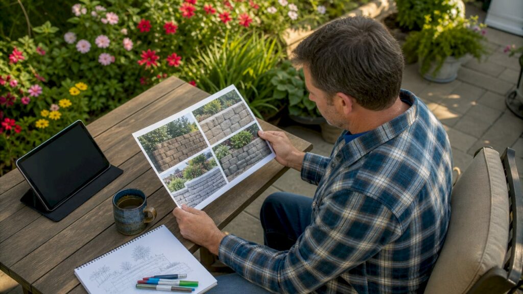 Man reviewing retaining wall material brochures