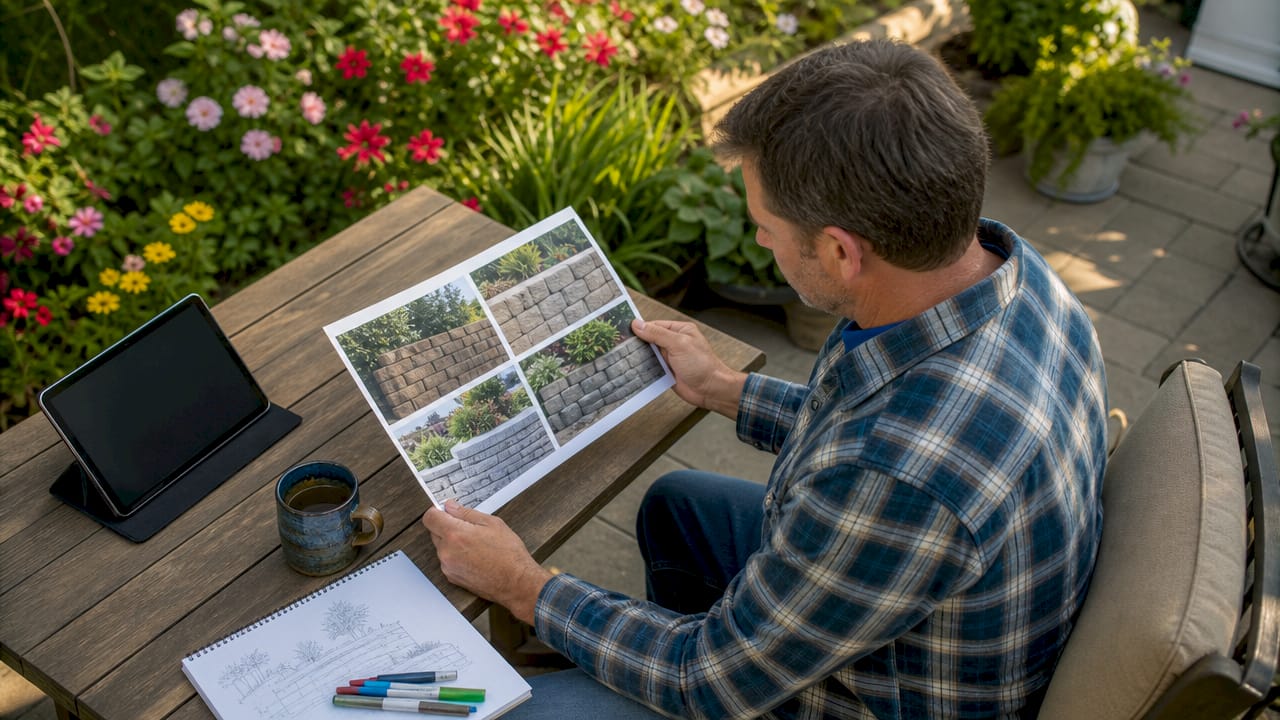 Man reviewing retaining wall material brochures