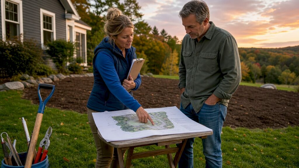 Landscape designer consulting homeowner outdoors