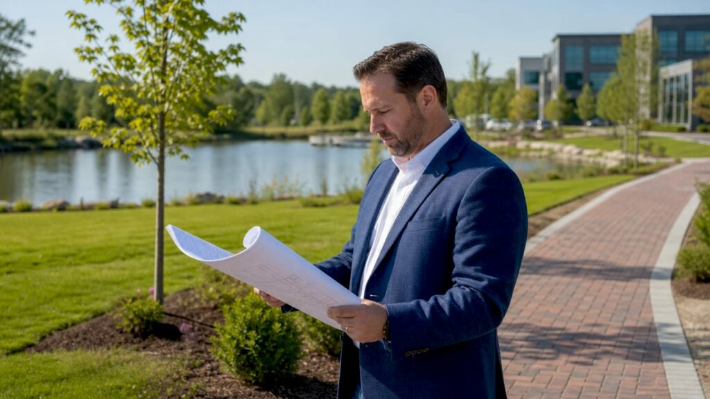 Property manager reviewing commercial landscaping plan outdoors
