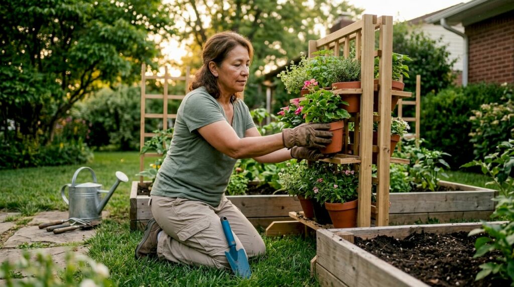 Woman arranging plants in small backyard garden