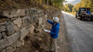 Engineer inspecting damaged retaining wall outdoors
