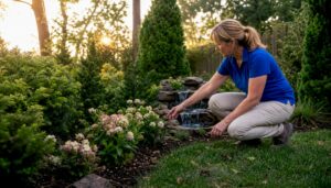 Woman inspecting layered backyard privacy plants