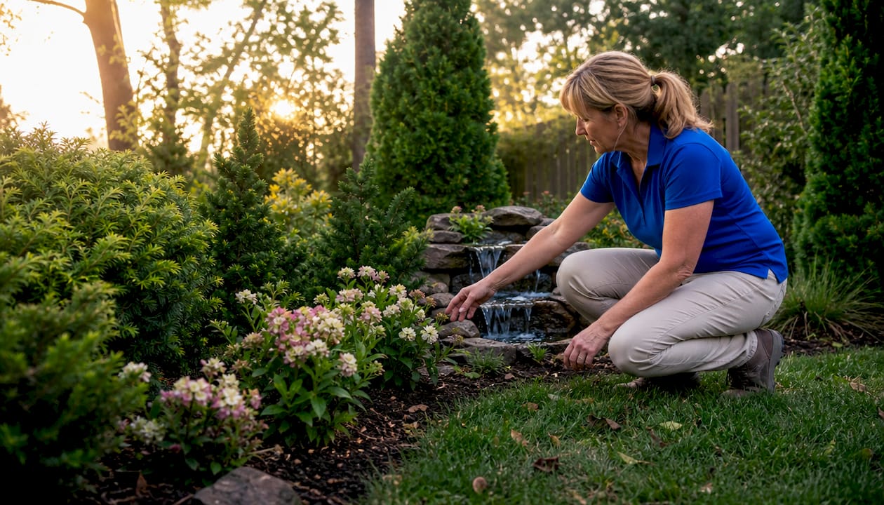 Woman inspecting layered backyard privacy plants