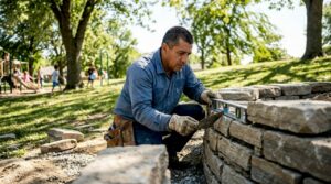 Contractor building stone retaining wall in backyard