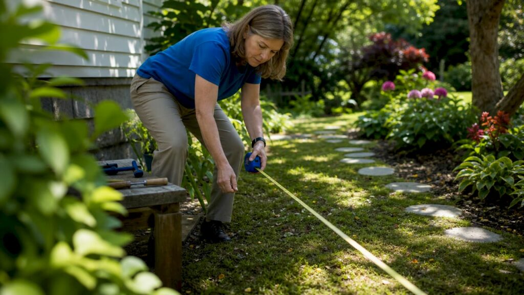 Homeowner measuring backyard slope for grading