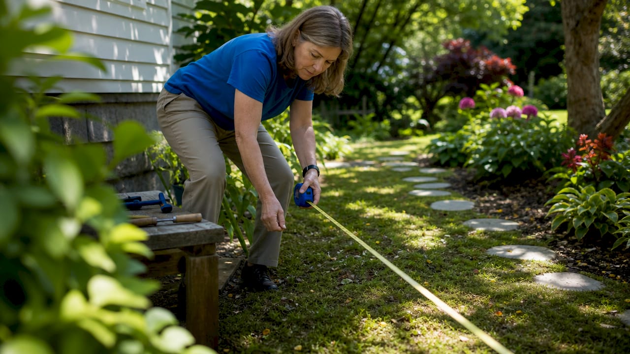 Homeowner measuring backyard slope for grading