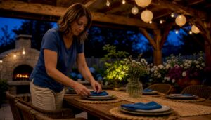 Woman setting cushions in backyard lounge area