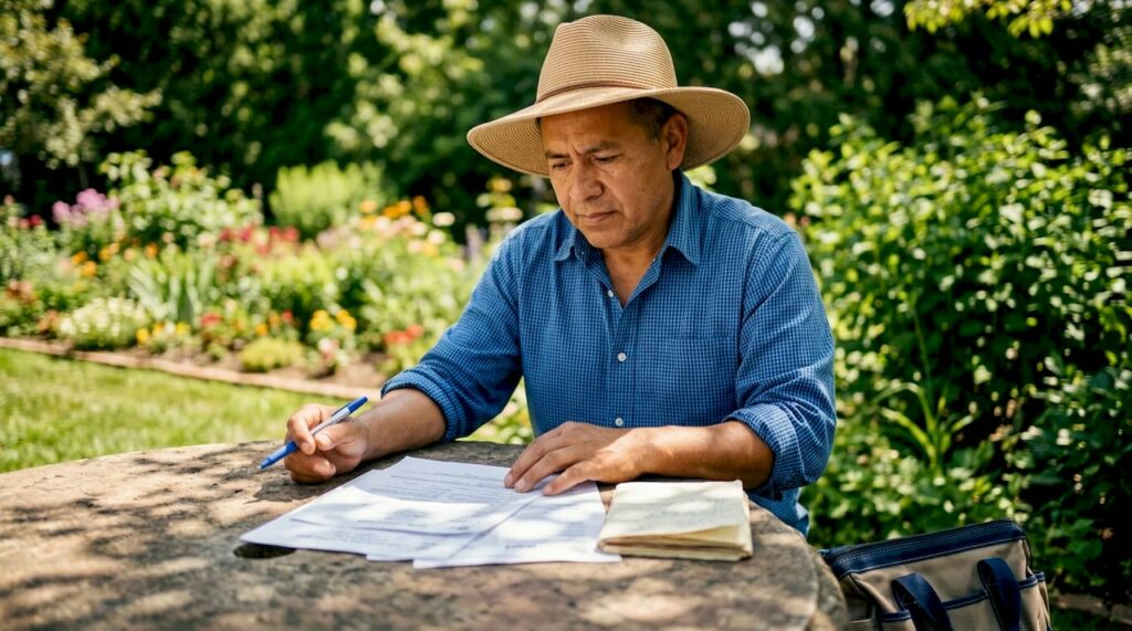 Landscaper reviewing licensing documents outdoors