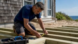 Man measuring wood on deck under construction
