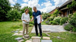 Couple inspecting backyard patio hardscaping materials