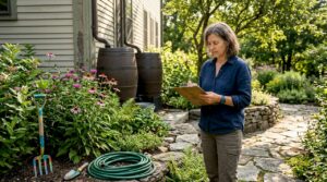 Homeowner inspecting native plant garden outdoors