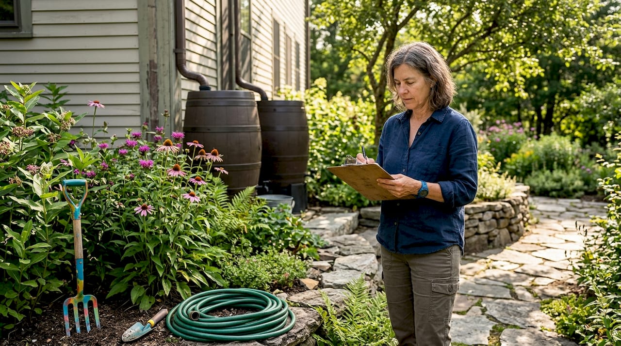 Homeowner inspecting native plant garden outdoors