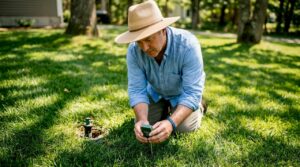 Man inspecting vibrant summer lawn outdoors