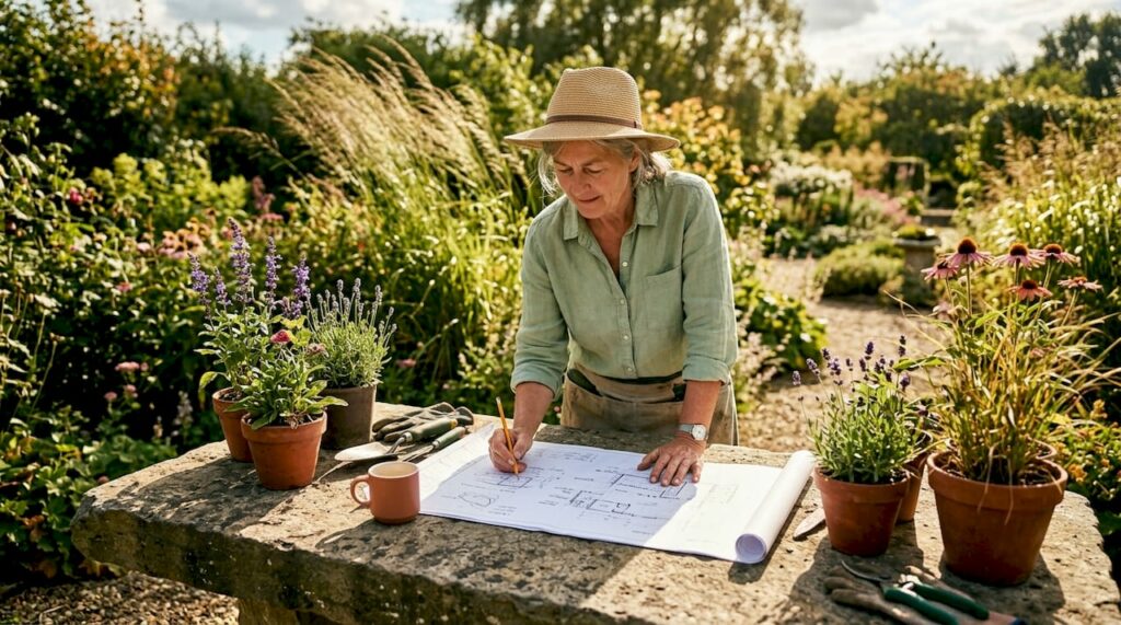 Woman landscaper reviewing garden design plans outdoors