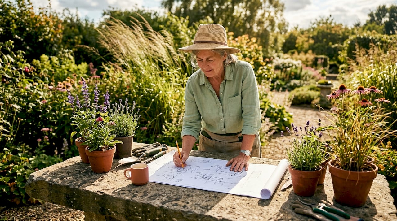 Woman landscaper reviewing garden design plans outdoors