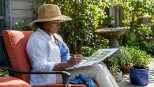 Homeowner reviewing landscape plans outdoors