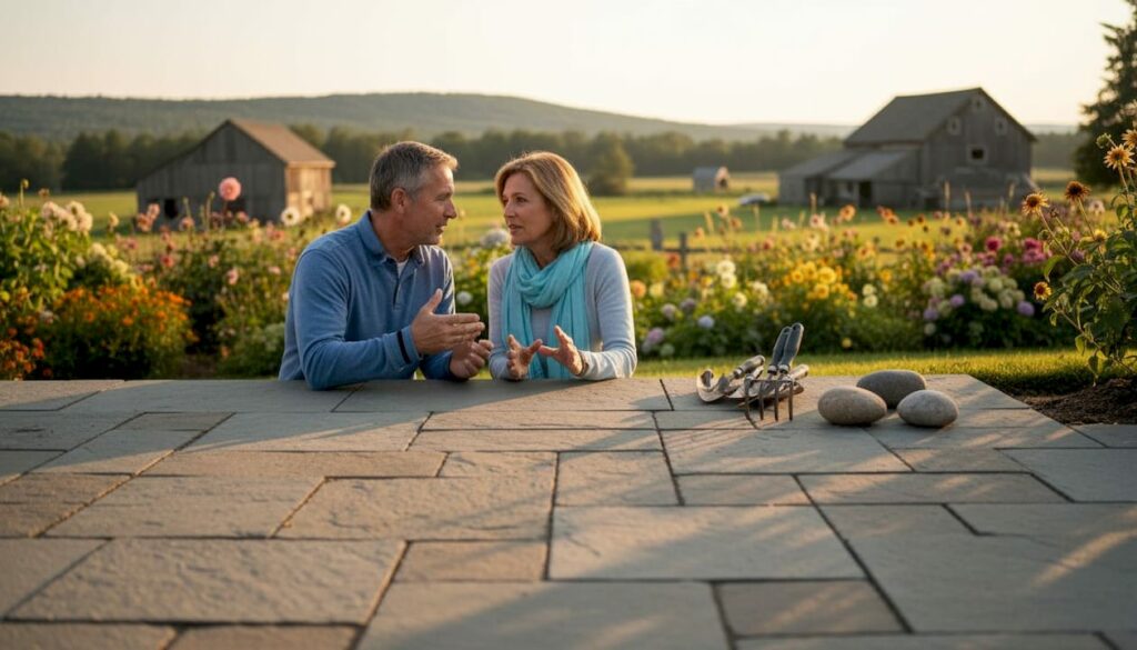 Couple discussing brick paver patio design outdoors