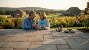 Couple discussing brick paver patio design outdoors