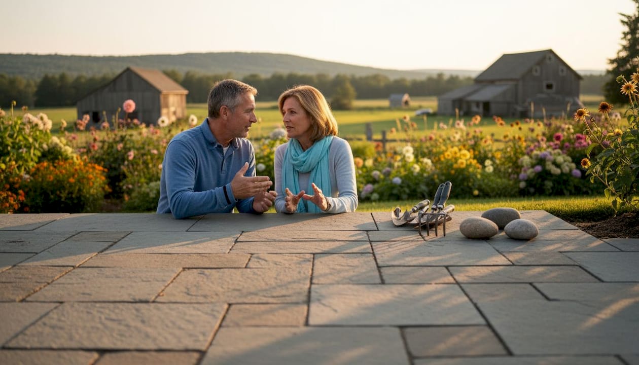 Couple discussing brick paver patio design outdoors