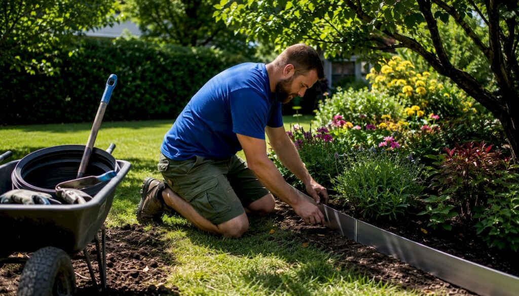 Landscaper installing steel landscape edging in garden