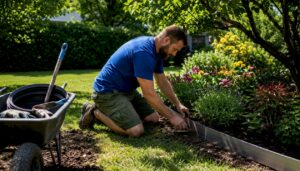 Landscaper installing steel landscape edging in garden
