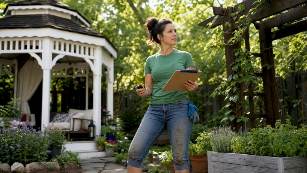 Woman planning backyard DIY renovation outdoors