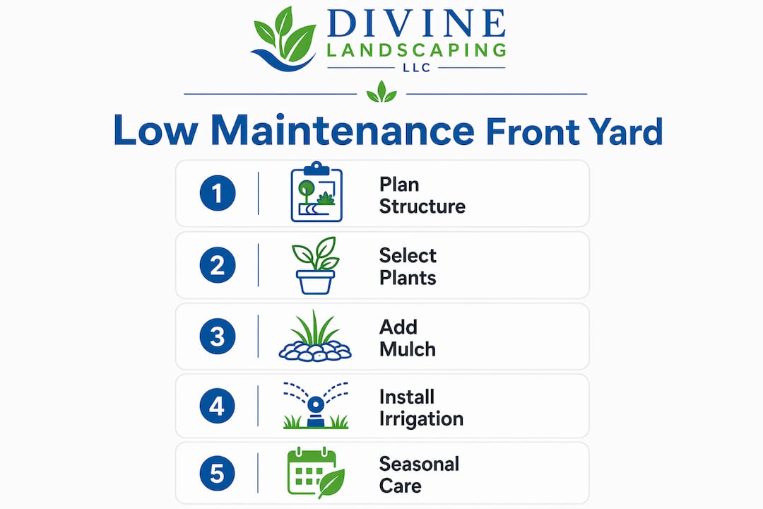Infographic outlining low maintenance front yard design steps