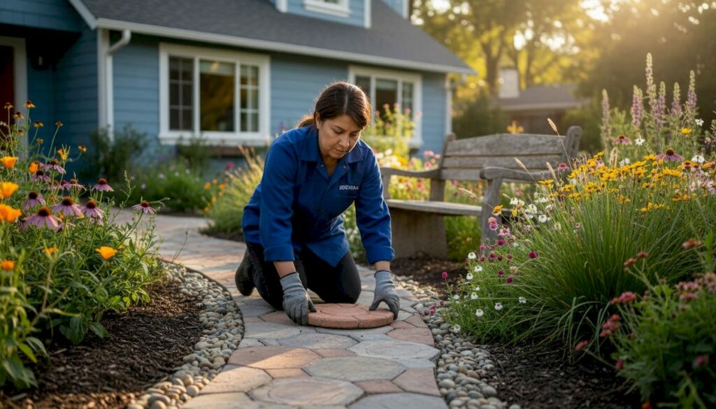 Woman installing natural stone pathway in front yard