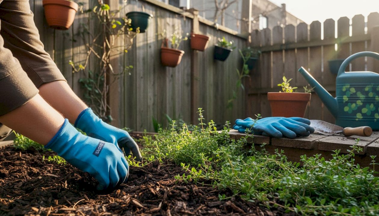 Gardener applying mulch around ground cover plants