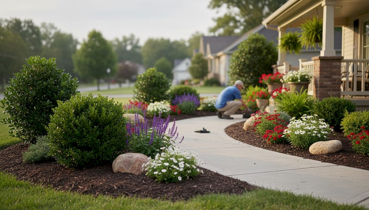 Top-down view of evergreen shrubs in front yard