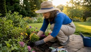Woman planting flowers in home garden