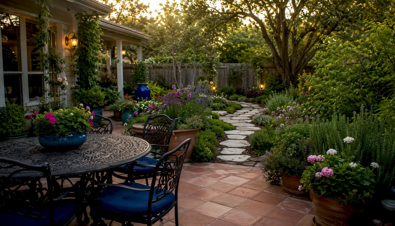 Backyard with stone patio and plants contrast