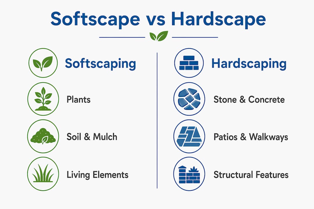 Infographic comparing softscaping and hardscaping elements