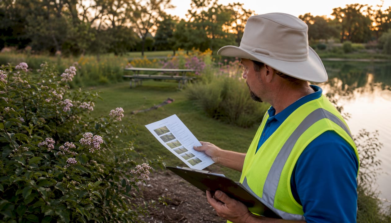 Commercial landscape inspector examining plants